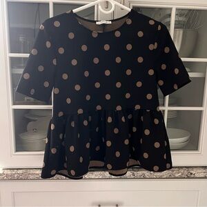 Zara‎ Black and Tan Polka Dot Peplum Blouse